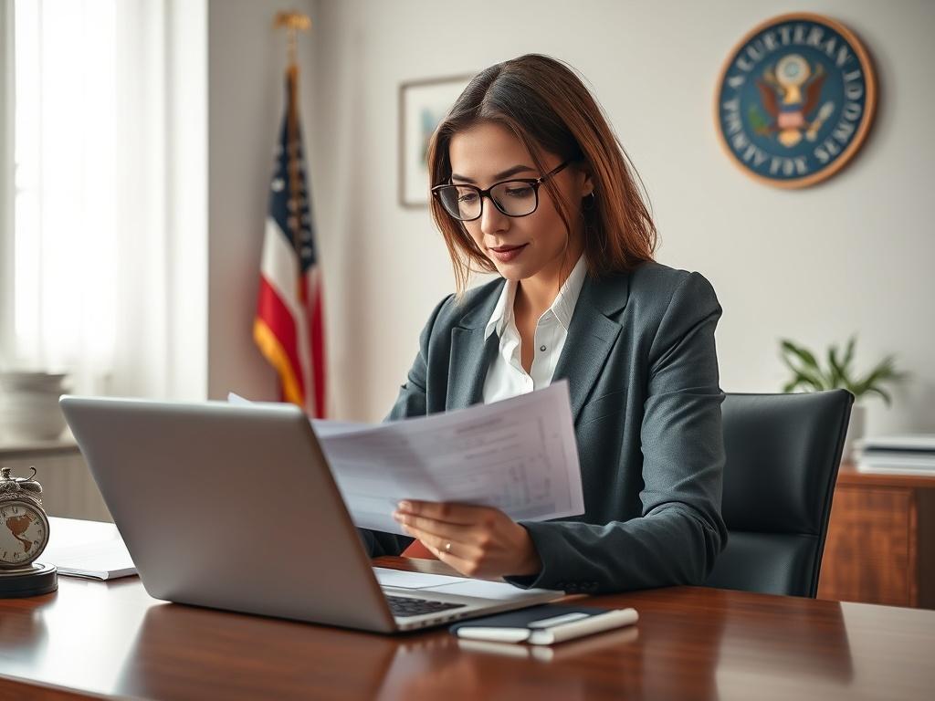 **AI Image Generation Prompt:**

Create a realistic high-resolution photo that captures the essence of the blog titled "Unlocking Opportunities: How to Navigate Government Contracts." The image should feature a single, focused subject: a professional woman in business attire, confidently reviewing government contract documents and a laptop on a sleek wooden desk. She should be situated in a well-lit office space adorned with subtle government-related decor, such as flags or framed certifications, to reflect