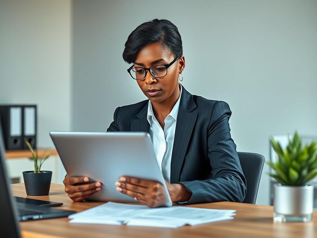 **AI Image Generation Prompt:**

Create a realistic high-resolution photo that depicts a professional and approachable compliance officer seated at a modern workspace. The subject should be a middle-aged African-American woman with an attentive expression, dressed in a smart business attire, actively reviewing compliance documents and guidelines related to government contracting. She should be focused on a laptop displaying government-related files.

The background should be minimalistic, featuring a neat d