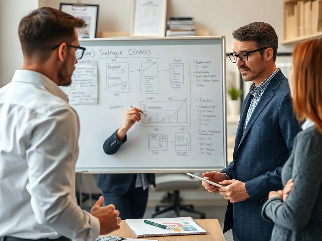 A professional consultant discussing tailored strategies with a client in a modern office setting. The focus is on a whiteboard filled with strategic plans and diagrams. The environment is bright and engaging, reflecting a collaborative atmosphere.