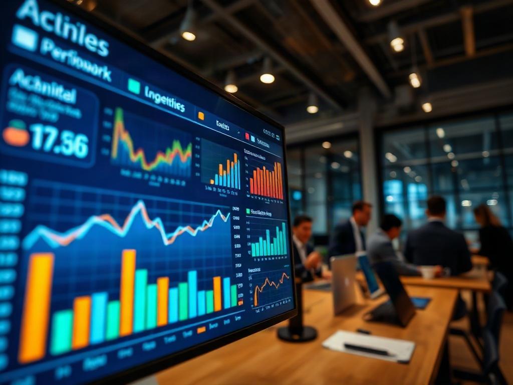 An image of a digital dashboard displaying sales performance metrics and KPIs, set in a sleek office environment. The screen is bright and colorful, showcasing data trends and analytics. The focus is on the data while maintaining a professional appearance.