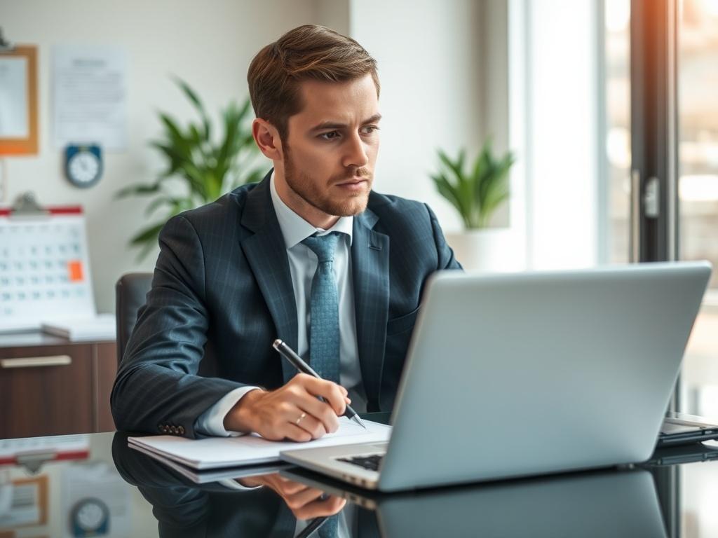 **Prompt for AI Image Generator:**

Create a realistic high-resolution photo that visually conveys the theme of "Top mistakes to avoid in government contracting." The image should focus on a single subject, which is a well-dressed business professional—preferably a male Caucasian in his mid-30s—sitting at a sleek desk in a modern office environment. He is looking thoughtfully at a government contracting proposal on his laptop, with a pen in hand, ready to take notes. 

The background should be softly blurre