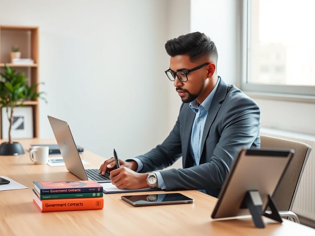 Create a highly realistic, high-resolution image showcasing a professional-looking individual sitting at a clean, organized desk. The subject, a diverse businessperson dressed in smart casual attire, is deeply focused on a laptop while taking notes with a pen on a notepad beside them. The background features a well-lit office space with a large window, allowing soft natural light to stream in, highlighting the importance of clarity and concentration in navigating government contracts. 

Include elements suc