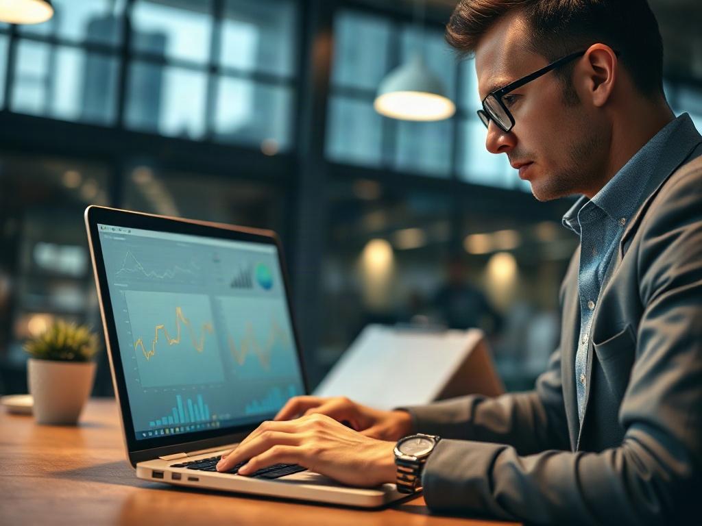 A close-up shot of a business professional analyzing data on a laptop, with charts and graphs displayed on the screen. The background features a modern office environment with a focus on the laptop screen, showcasing the analysis process in action. The image should have a hyper-realistic quality, emphasizing the details of the laptop and the professional's thoughtful expression.