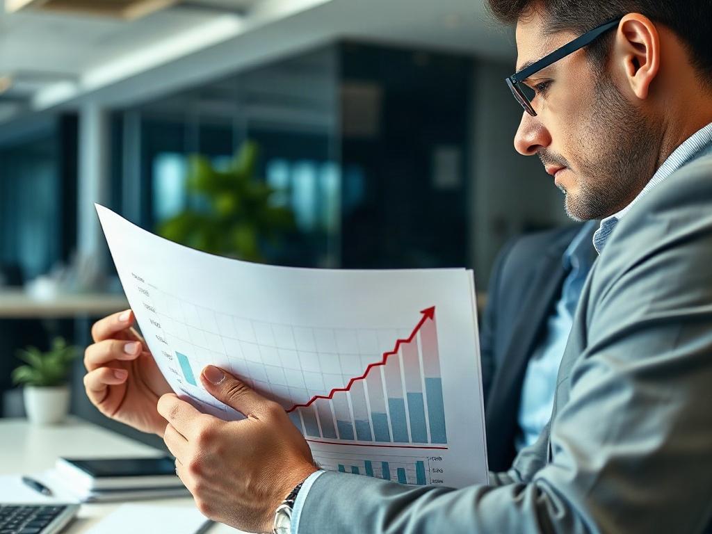 A close-up shot of a financial analyst reviewing a report with upward-trending graphs, symbolizing growth and opportunity. The background should be a sleek modern office space, creating a professional atmosphere. The image should focus on the report and the analyst's focused expression, conveying the significance of financial analysis in increasing revenue.