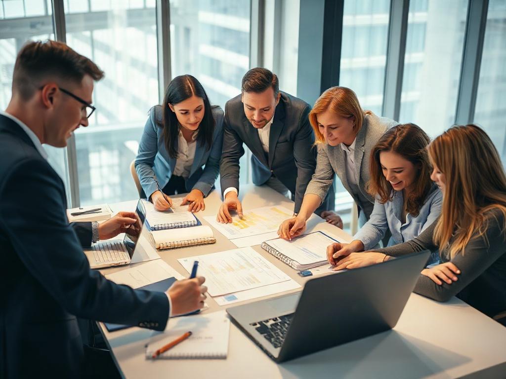 A business team collaborating over a table filled with documents and laptops, focusing on strategic planning for federal contracts. The image captures a dynamic environment with engaged faces, emphasizing teamwork and collaboration. The setting should be bright and modern, highlighting the importance of strategy in federal contracting.