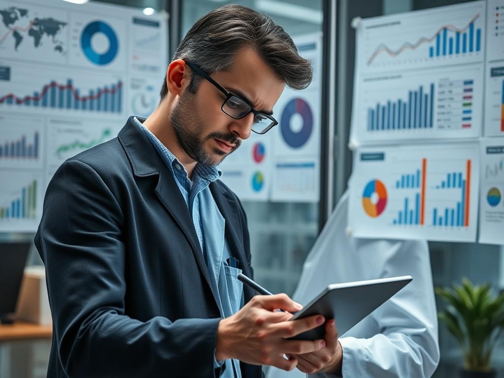 A researcher analyzing data and reports in a modern office, surrounded by charts and graphs that highlight market trends. The focus is on the researcher’s thoughtful expression as they make notes on a digital tablet.