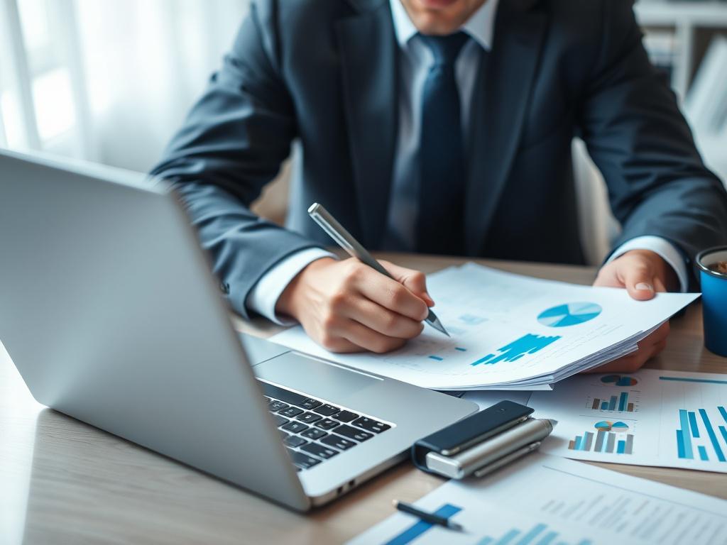 A close-up shot of a professional business consultant working on a business plan at a desk, surrounded by documents and a laptop. The consultant is focused, writing notes, and there are graphs and charts visible on the laptop screen. The background is softly blurred to emphasize the consultant while maintaining a clean and organized workspace. The color theme incorporates shades of blue to match rgb(40, 93, 225). Shot with a 45mm f/1.2 lens.
