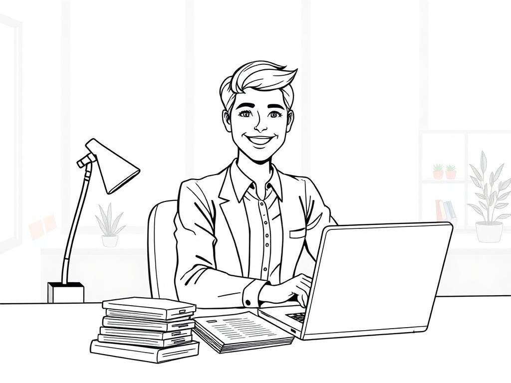 A high-quality illustration of a friendly consultant sitting at a desk with a laptop, surrounded by government contract documents. The consultant is smiling and ready to assist, with a clean and simple background showing a bright office environment. The color scheme should feature shades of rgb(85, 141, 151), emphasizing a professional and welcoming atmosphere.