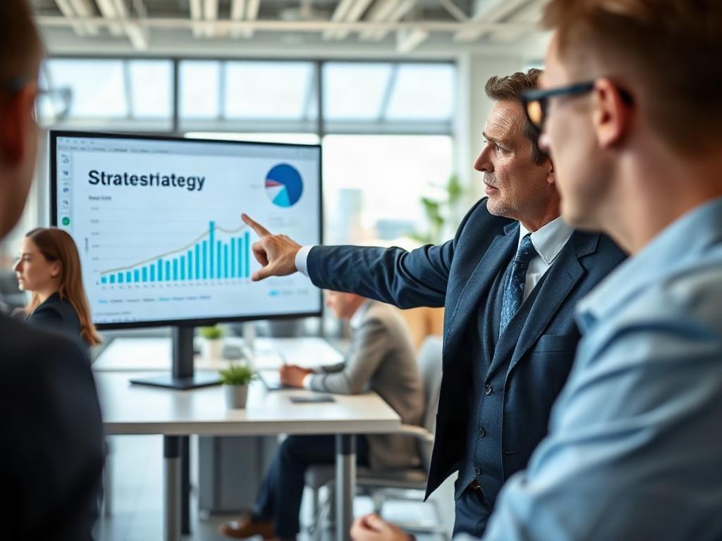A focused shot of a business professional pointing at a graph on a digital screen during a strategy meeting. The background captures a modern office space with colleagues engaged in discussions. The lighting is bright and clear, emphasizing the professionalism of the setting.