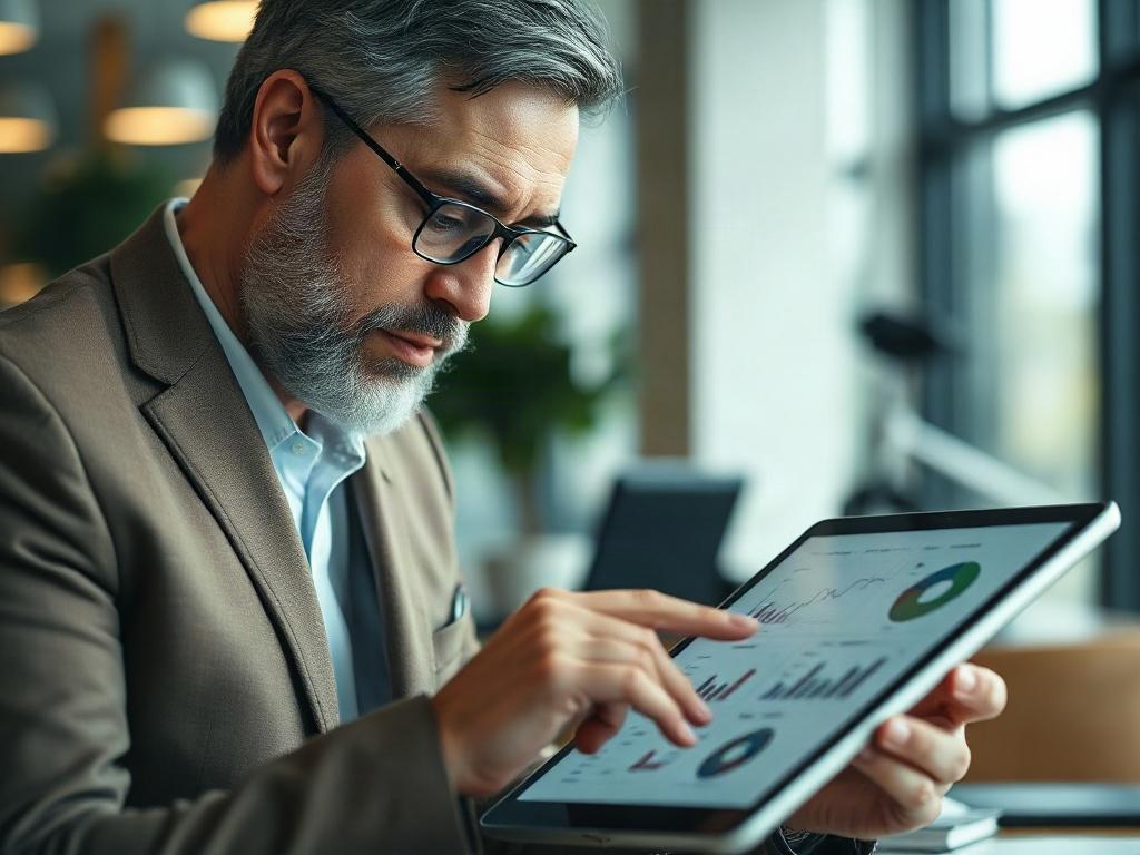 A hyper-realistic close-up of a business consultant analyzing a report with graphs and charts on a digital tablet, with a focused expression. The background features a blurred office setting, highlighting a professional environment. The lighting is bright and warm, creating an inviting atmosphere.
