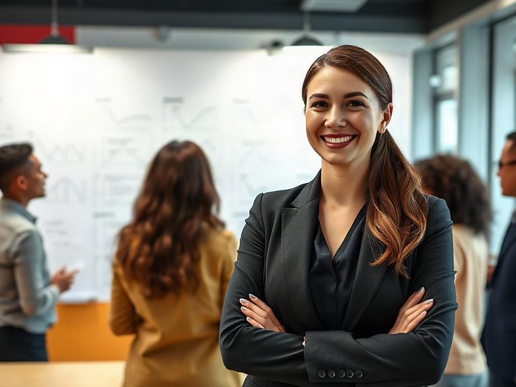 A close-up of a confident businesswoman standing in front of a whiteboard filled with strategic plans and ideas. She is smiling and engaging with a group of colleagues in a brainstorming session. The background is a contemporary office with vibrant colors, projecting a dynamic atmosphere.