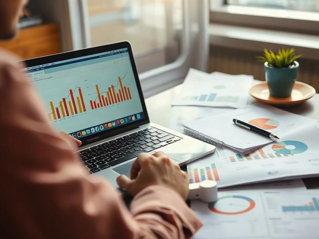 A close-up image of a person analyzing charts and graphs on a laptop, with GSA documentation spread out on a table. The focus should be on the laptop screen displaying sales data, while the background remains slightly blurred. The color palette should reflect the rgb(85, 141, 151) primary color.
