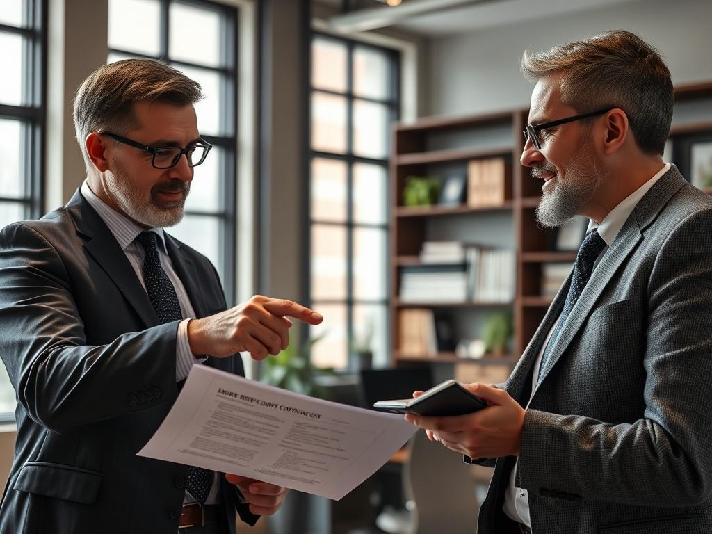 A close-up shot of a professional advisor discussing government contracting strategies with a client in a modern office setting. The advisor is pointing at a contract document, while the client takes notes, showing engagement. The background features a well-organized office with bookshelves and a large window allowing natural light, creating a positive and professional atmosphere.