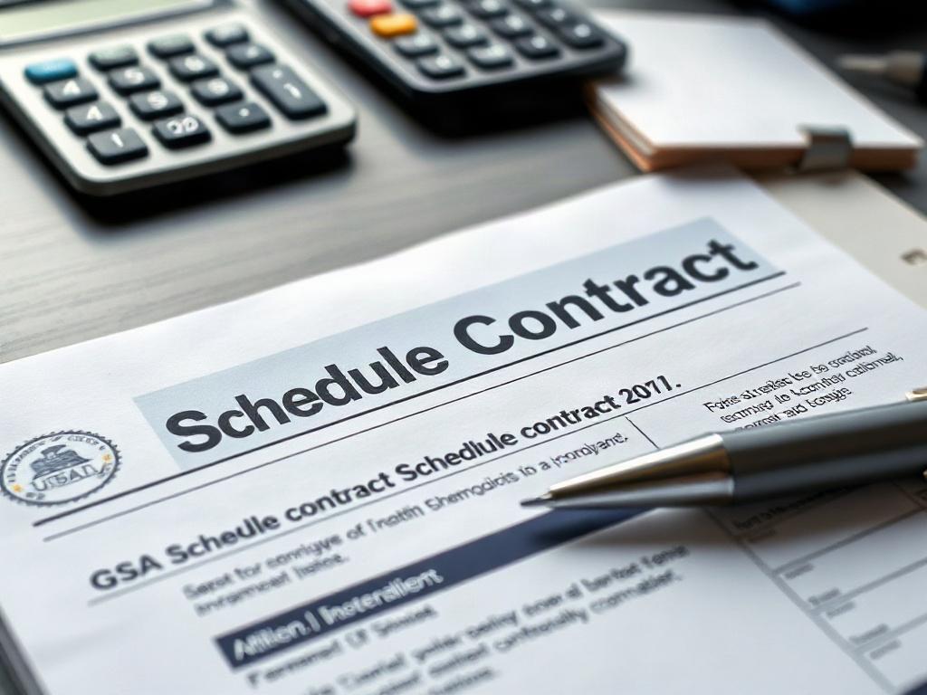 A close-up shot of a GSA Schedule contract document on a desk, with a calculator and notepad in the background. The scene should be well-lit with soft focus on the background, emphasizing the contract as the main subject. The color scheme should complement the rgb(85, 141, 151) primary color.