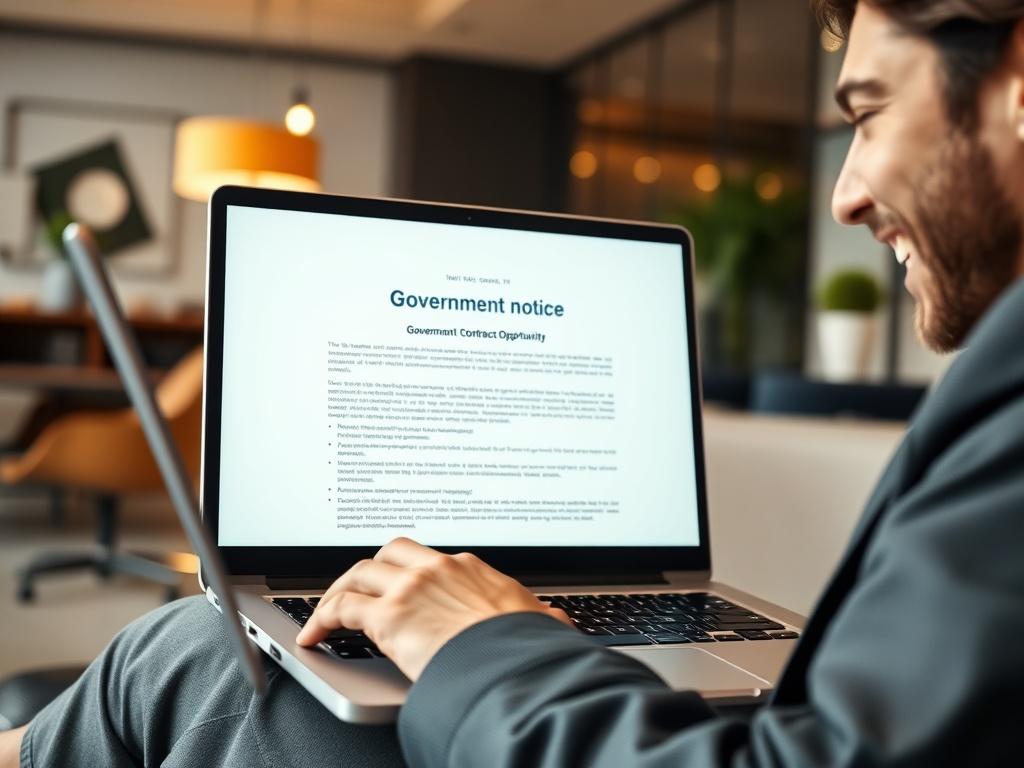 A close-up shot of a businessperson excitedly reviewing a government contract opportunity on their laptop in a stylish office. The screen displays a clear contract notice, and the individual is smiling, indicating enthusiasm and optimism. The background includes modern office decor that suggests a professional environment.