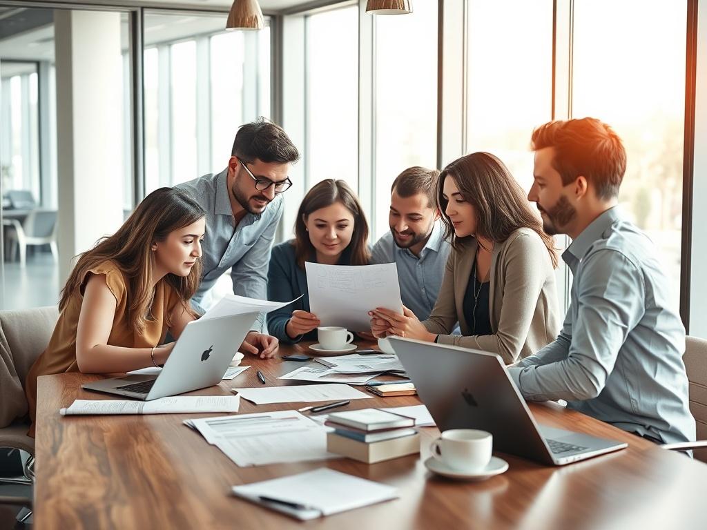 A high-resolution image of a team collaborating on a proposal at a conference table, with documents, laptops, and coffee cups scattered around. The team appears focused and engaged in discussion, highlighting teamwork and creativity. The background showcases a modern office environment with large windows providing ample light, reinforcing a productive atmosphere.