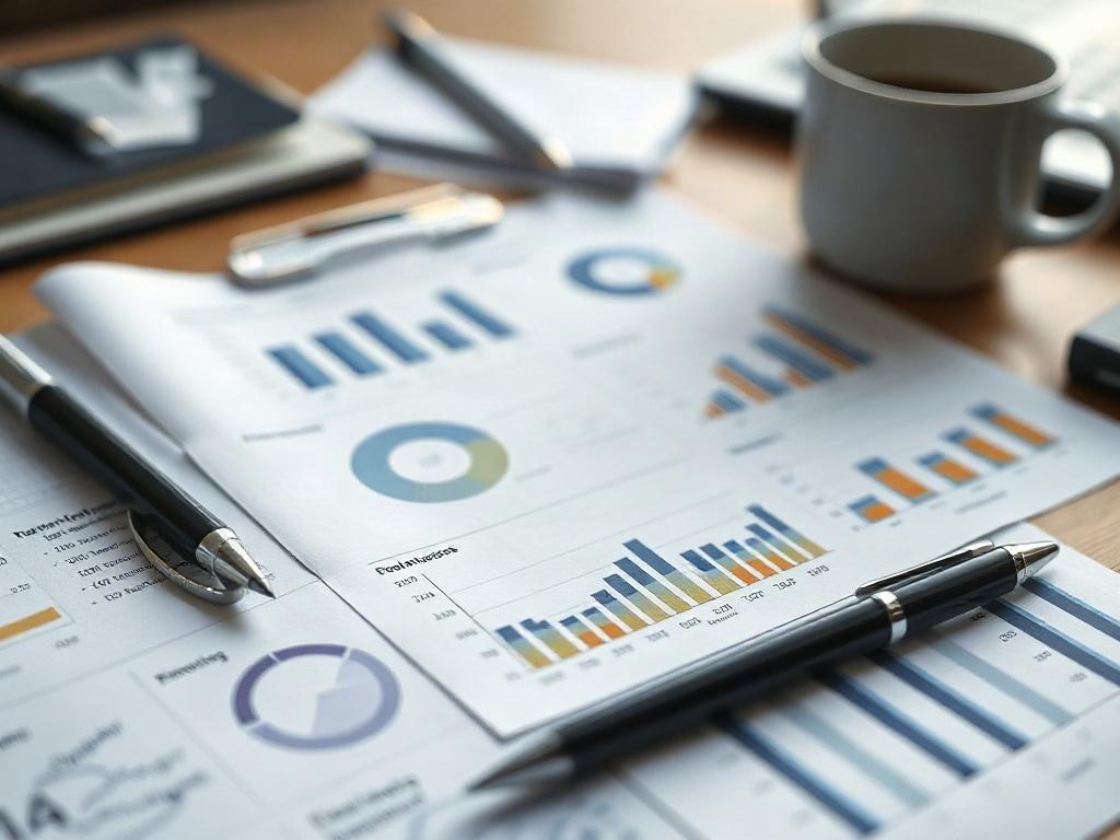 A detailed close-up of a comprehensive report with charts and graphs on a desk, indicating actionable insights. The report should be the focal point, with a pen and a coffee cup slightly out of focus in the background. Ensure the image aligns with the rgb(85, 141, 151) color scheme.