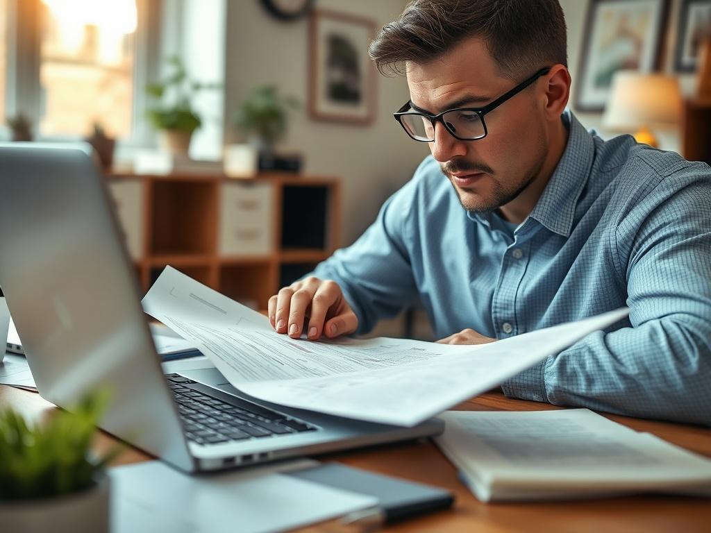 A close-up shot of a professional reviewing a contract proposal on a laptop, with documents and notes scattered around. The background should depict a well-organized workspace with a warm, inviting atmosphere. The focus should be on the individual’s thoughtful expression as they analyze the proposal, highlighting the importance of detailed review in the government contracting process. The image should be shot with a 45mm f/1.2 lens for a blurred background, emphasizing the individual’s concentration.