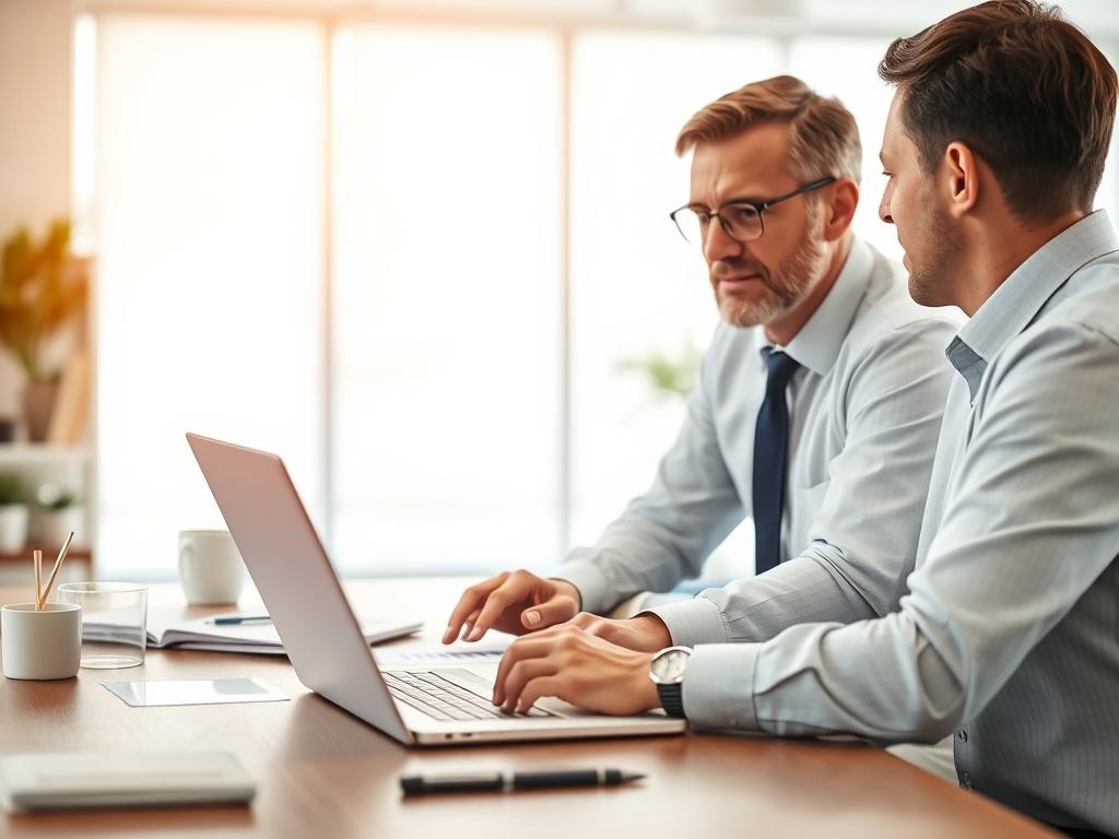 A close-up shot of a consultant engaging in a one-on-one discussion with a client over a laptop, with charts and documents on the table. The background should showcase a bright, professional office environment that conveys a sense of collaboration. The focus should be on the interaction between the consultant and client, highlighting the personalized nature of the consultation. The image should be shot with a 45mm f/1.2 lens to create a soft background blur, emphasizing their conversation.