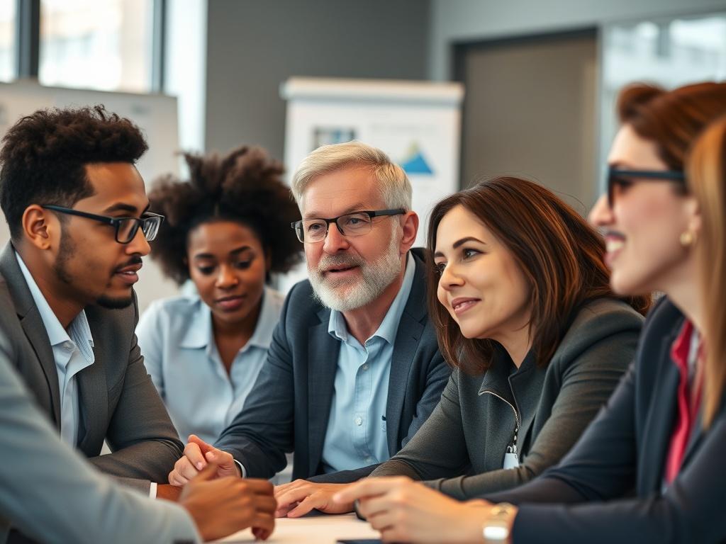 A close-up shot of a diverse group of professionals engaged in a workshop, discussing government contracting strategies. The setting is a modern conference room with a whiteboard and presentation materials visible in the background. The focus should be on the participants actively collaborating, with expressions of concentration and enthusiasm. The image should be shot with a 45mm f/1.2 lens to create a soft background blur, highlighting the engaging atmosphere of the workshop.