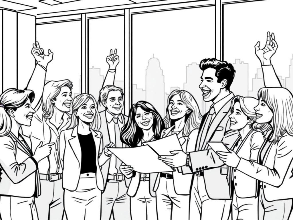 Illustration of a diverse group of business professionals celebrating success in a modern office environment. The scene shows a mix of individuals, both men and women, engaged in discussions and reviewing documents. The background features a large window with a cityscape view, emphasizing a professional atmosphere. The illustration is rendered in crisp, solid black line drawing style, highlighting expressions of joy and collaboration.