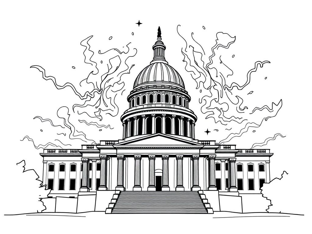 **AI Image Generation Prompt:**

Create a high-quality illustration featuring a single large government building, symbolizing stability amid chaos, set against a minimally detailed background that evokes a sense of disruption. The building should be represented in solid black line drawing style, showcasing its architectural features like columns and a dome, exuding authority and structure. 

The background should subtly depict a chaotic scene—a swirling blend of abstract shapes symbolizing confusion, with h