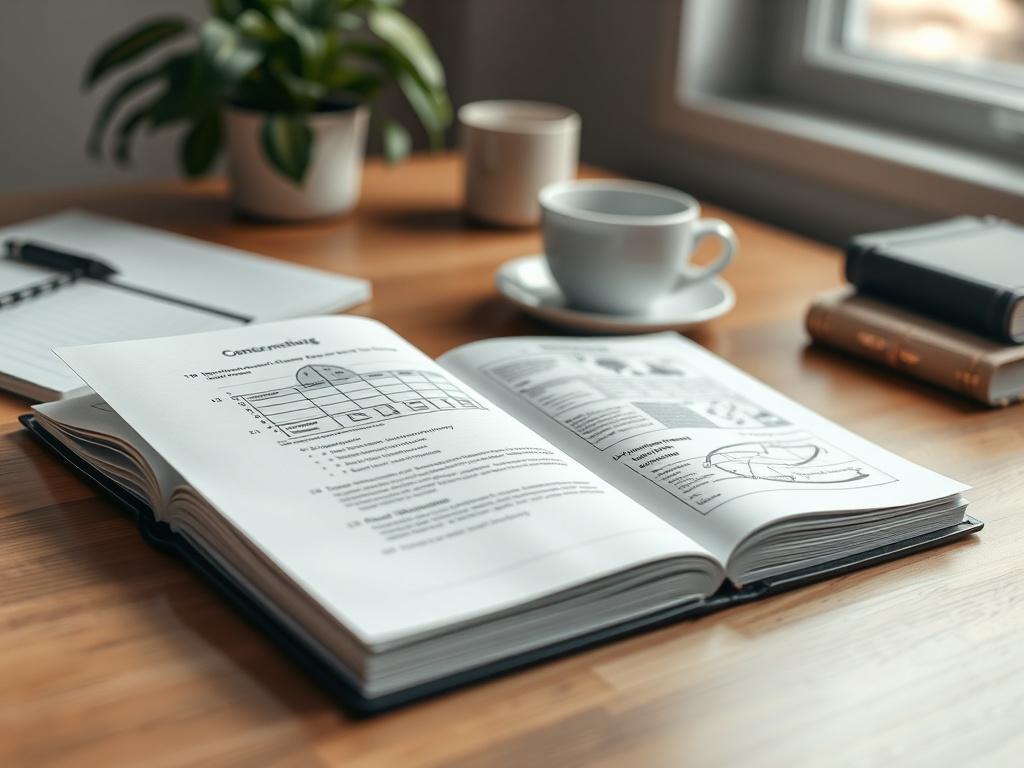 **Prompt for AI Image Generator:**

Create a realistic high-resolution photo that illustrates a blog titled "Weekly Blog Content Calendar: Government Contracting Edition." The composition should be simple and clear, featuring a single subject: a professional-looking open notebook lying on a clean wooden desk. The notebook's pages should be filled with well-organized notes and diagrams related to government contracting strategies. 

The background should feature softly blurred elements of an office environme