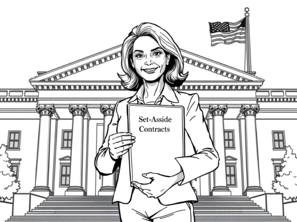 Create a high-quality illustration depicting a confident small business owner standing proudly in front of a government building. The subject should be a middle-aged woman, dressed in professional attire, holding a folder labeled "Set-Aside Contracts." Her expression should convey determination and optimism. The background should include the façade of a classic government building, with elements like columns and a flagpole displaying the national flag. The composition should be simple and clear, emphasizing