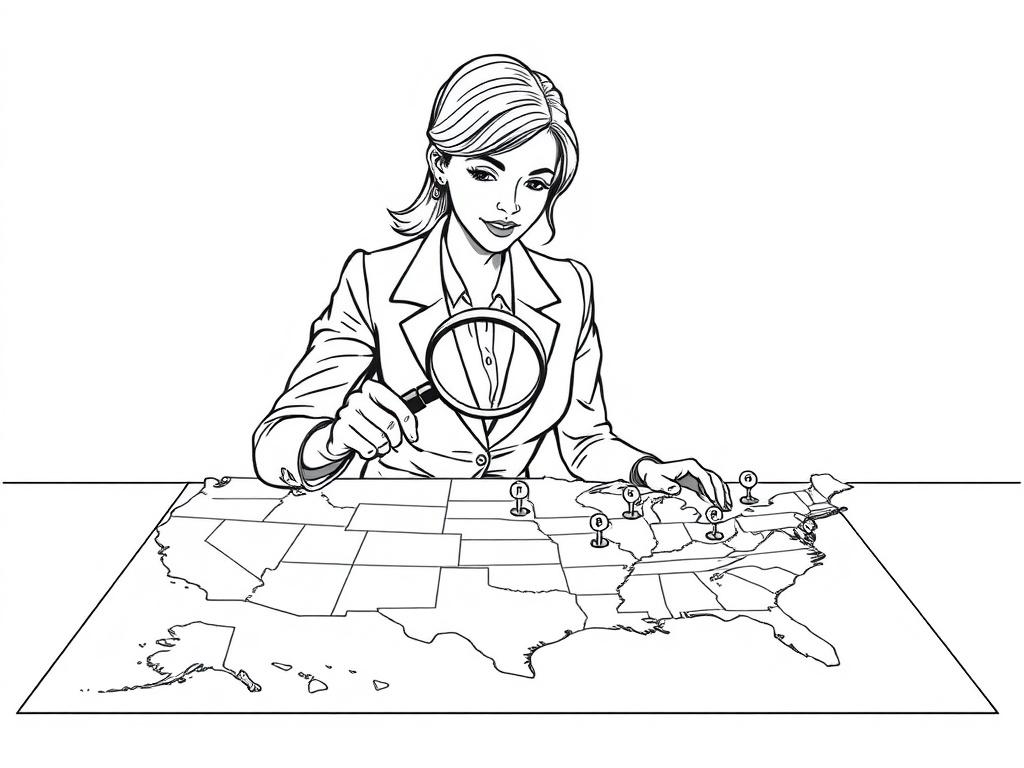 Create a high-quality illustration that captures the essence of marketing strategies for government contracting. The composition should feature a confident business professional, a woman in a smart, tailored suit, actively engaging with a large, detailed map of the United States spread out on a table in front of her. She holds a magnifying glass, inspecting various key locations marked with pins, symbolizing target markets for government sales. 

The background should be minimalistic, focusing on the subjec