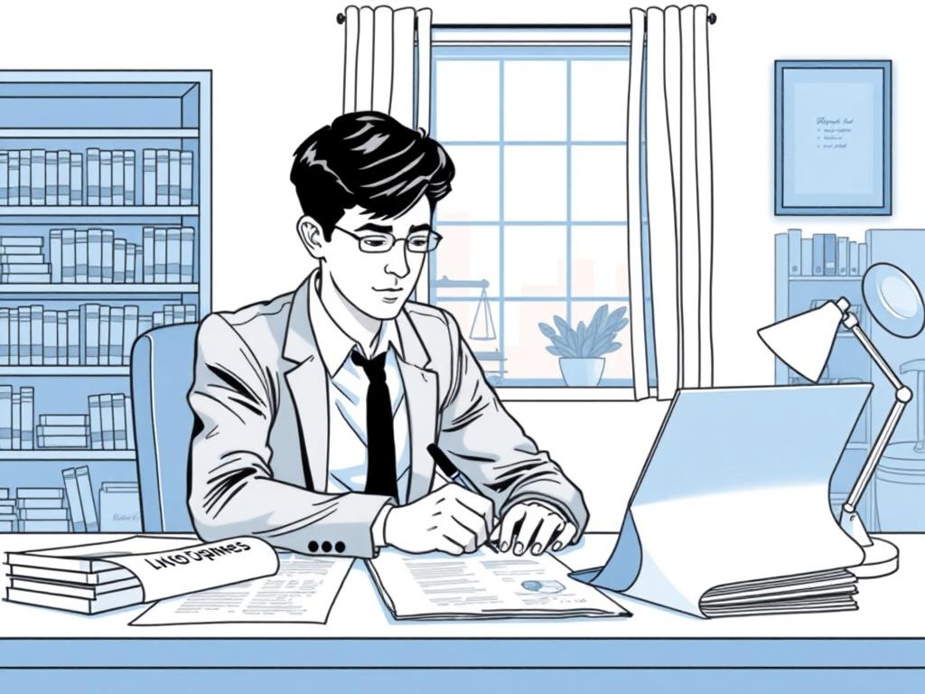 Create a high-quality illustration focused on the theme of "Federal Contract Bidding Tips for Beginners." The composition should be simple and clear, featuring a single subject: a determined and focused individual sitting at a desk, contemplating federal contract bidding documents spread out in front of them. The individual, a young adult wearing business attire, is actively engaged in writing notes on a notepad, symbolizing their dedication to learning the ins and outs of the bidding process.

In the backg