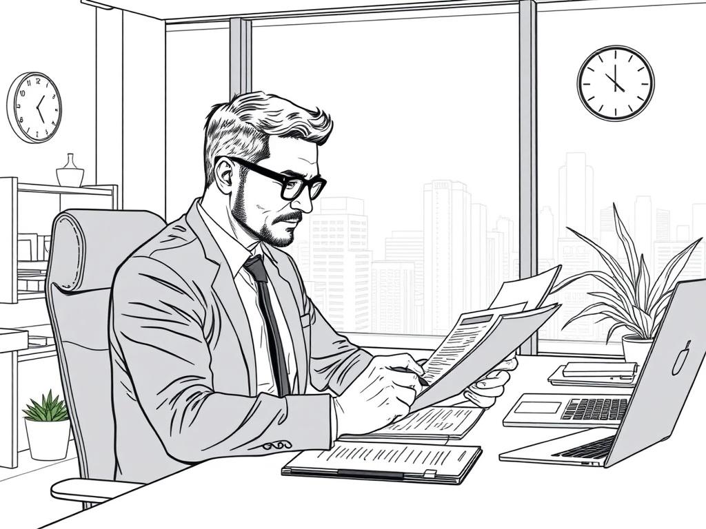 Create a high-quality illustration featuring a focused business professional analyzing a government contract document. The subject should be a middle-aged Caucasian man wearing glasses, seated at a modern desk in a well-lit office environment. He is closely studying the contract, using a calculator and jotting down notes on a notepad. His expression should reflect concentration and determination, symbolizing the strategic thought process behind maximizing profit margins. 

In the background, include a large