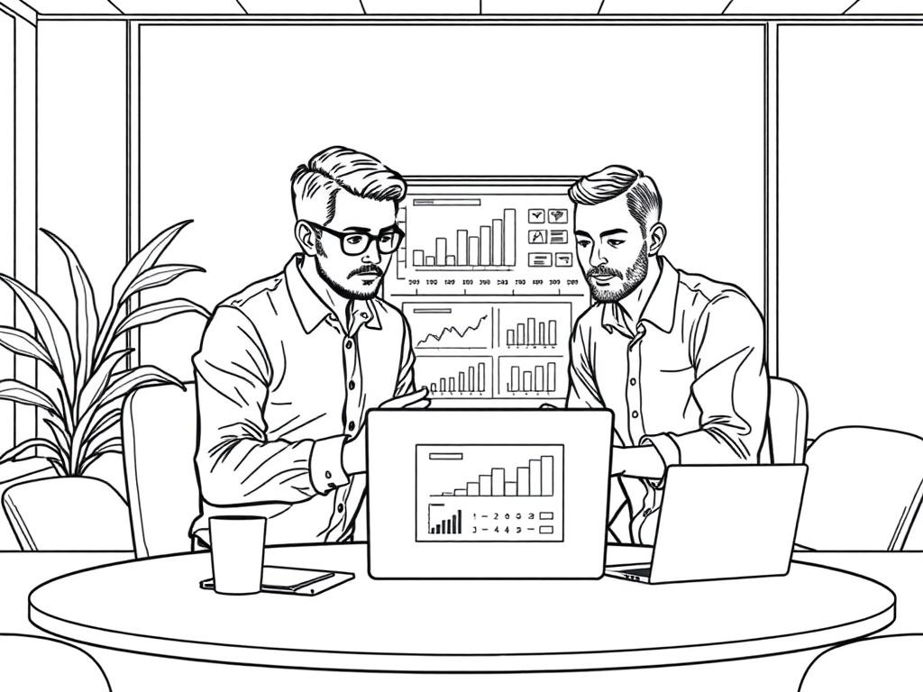 A consultant and a business owner discussing strategies over a laptop, with charts and graphs displayed on the screen. The setting is an inviting conference room, emphasizing collaboration and strategic planning.