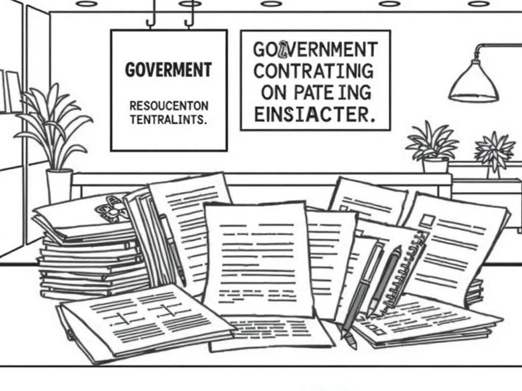 A collection of neatly organized documents, templates, and checklists on a table, symbolizing resourcefulness and preparedness. The background features a modern office with a motivational poster related to government contracting.
