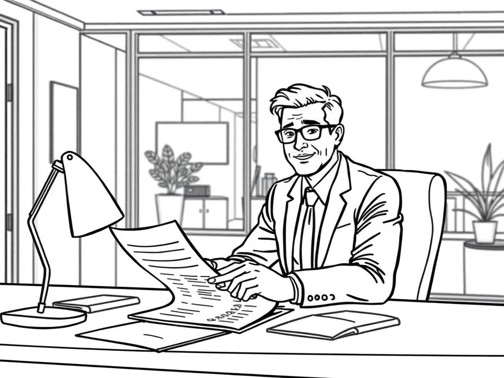 A professional consultant sitting at a desk with government contract documents, looking confident and guiding a small business owner. The background is a clean office space with a modern design, conveying a sense of professionalism and expertise.