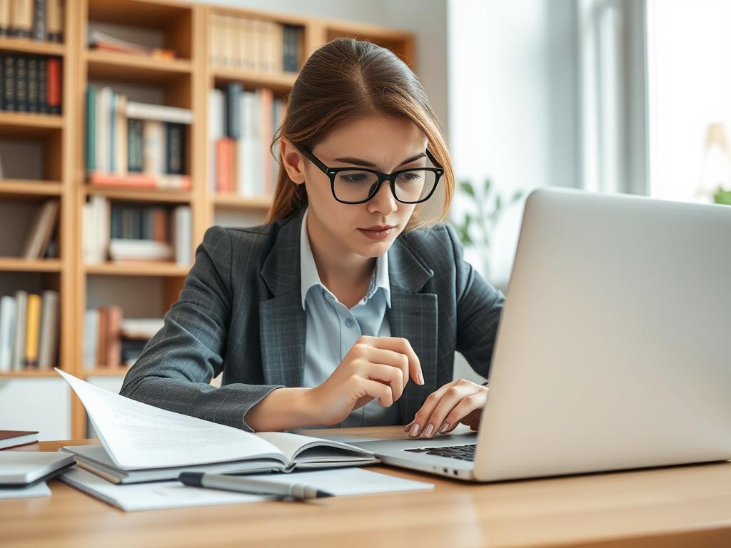 A close-up shot of a professional writer meticulously reviewing a government proposal document on a desk. The scene is set in a brightly lit office with a notepad and pen beside the laptop, emphasizing focus and attention to detail. The writer, a young woman in business casual attire, is focused, with her glasses perched on her nose. The background features a bookshelf filled with industry books, slightly blurred to keep attention on her work. The image should be captured with a 45mm f/1.2 lens style for a 