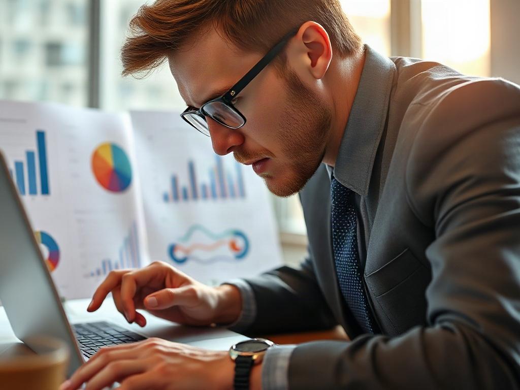A close-up image of a professional analyzing data on a laptop, surrounded by charts and graphs. The setting should be an office with natural light, showcasing a focused and determined expression. The primary colors in the image should complement rgb(85, 141, 151), emphasizing the analytical aspect of revenue identification.