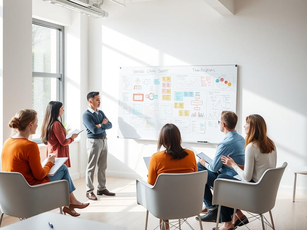 A clean, minimalistic office environment showcasing a facilitator working with a small group of engaged participants. The facilitator is standing beside a large whiteboard filled with colorful diagrams, and the participants, representing diverse ages and backgrounds, are actively discussing and taking notes. The setting is bright and welcoming, with natural light filtering in through large windows, creating an inviting atmosphere for learning and collaboration.