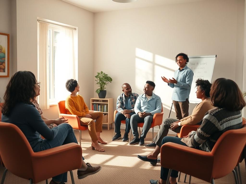 A facilitator leading a small re entry workshop in a