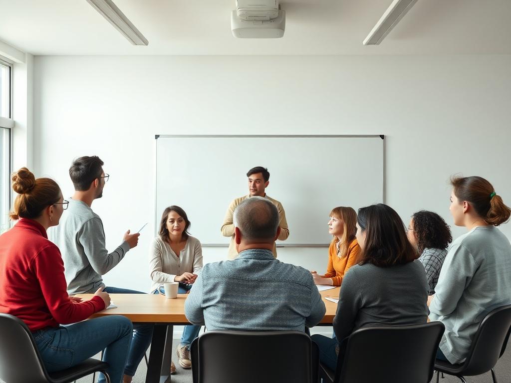 A facilitator leading a small group of diverse participants in