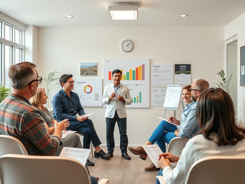 A vibrant community room setting with a facilitator leading a