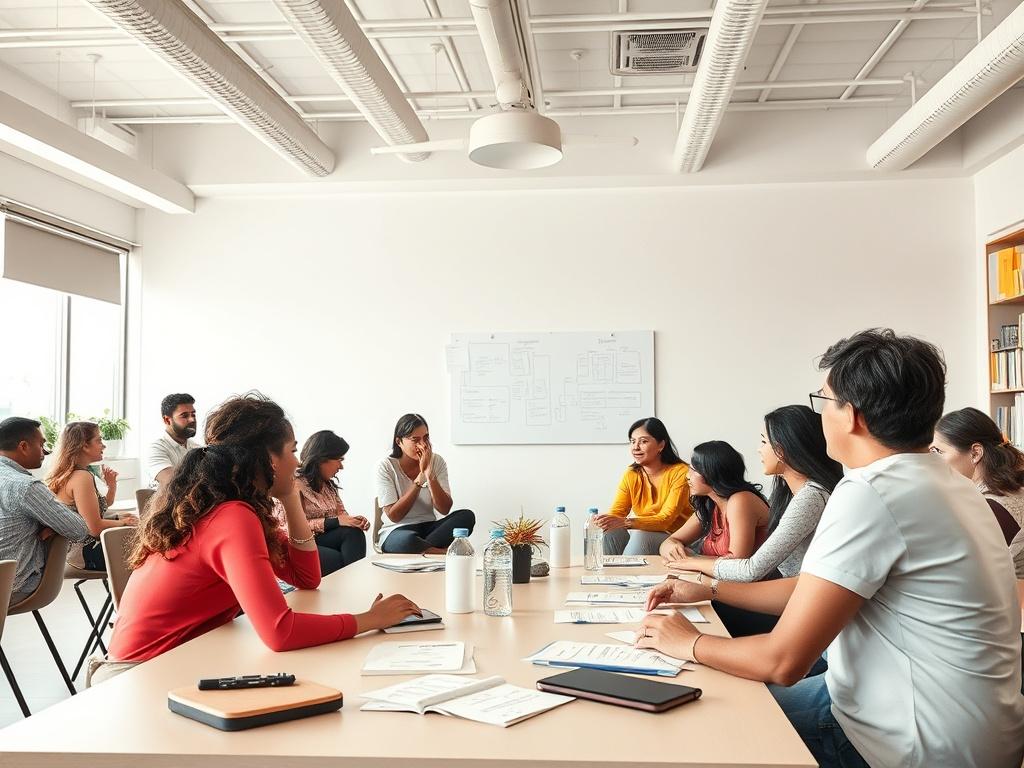 An engaging workshop scene where participants are deeply involved in