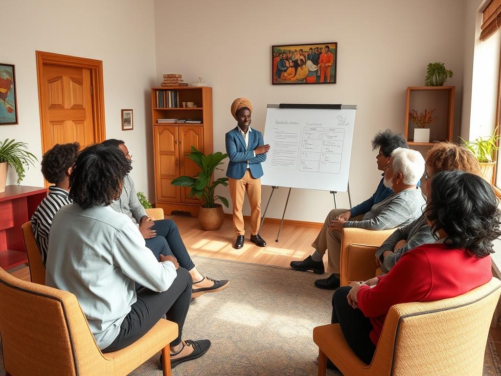A community room with a facilitator leading a small group