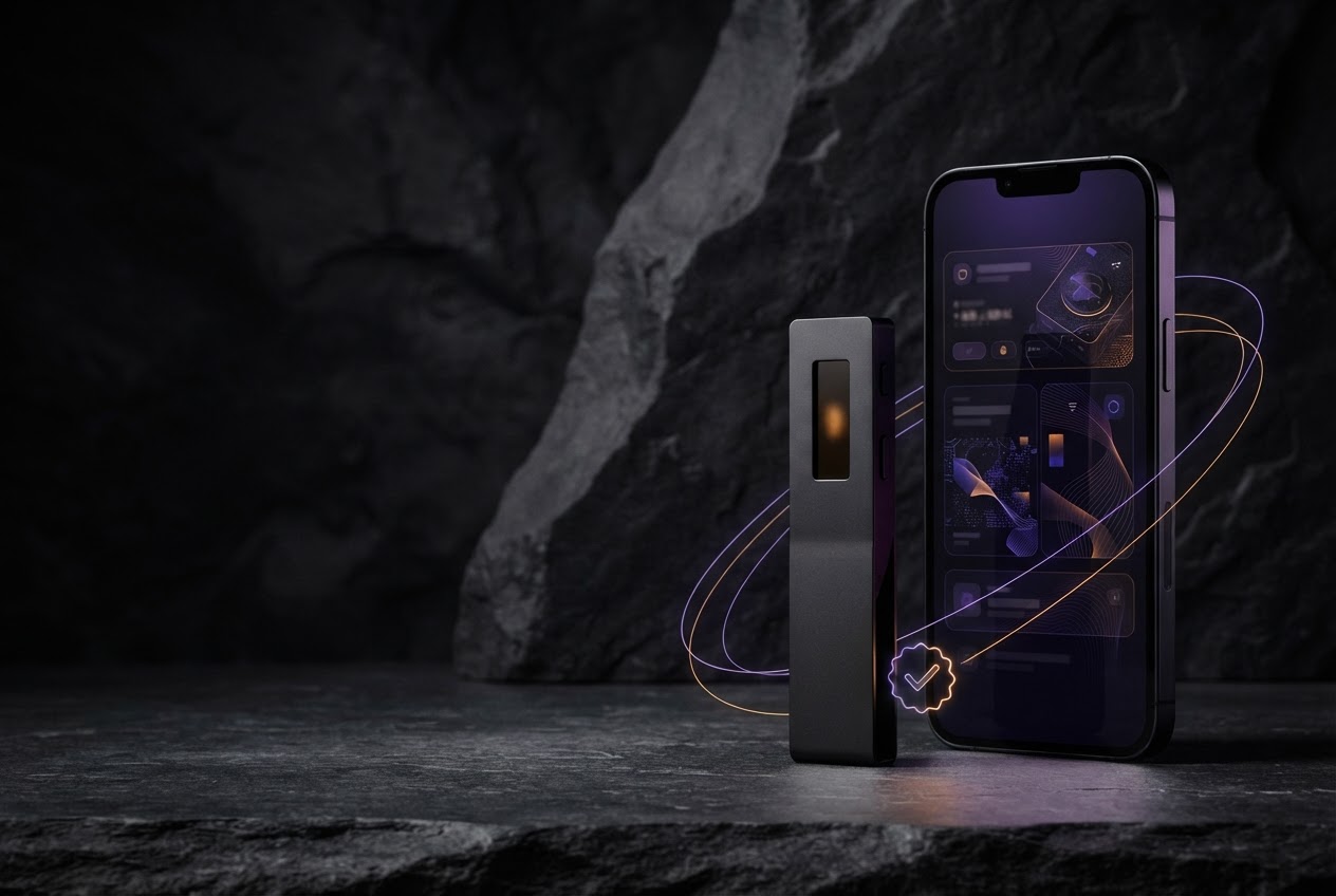 An unbranded hardware wallet and smartphone in a dramatic, softly lit studio still life