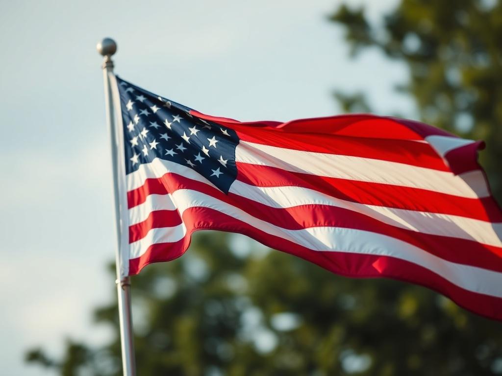 A realistic high-resolution photo featuring a close-up shot of an American flag gracefully waving in the wind, symbolizing security and safety. The background should be softly blurred to emphasize the flag as the focal point, evoking a sense of patriotism and protection. The color palette should harmonize with the primary color #00ABD8, creating a cohesive and inviting atmosphere. The image should capture the texture of the flag, showcasing its vibrant colors in a hyper-realistic style.