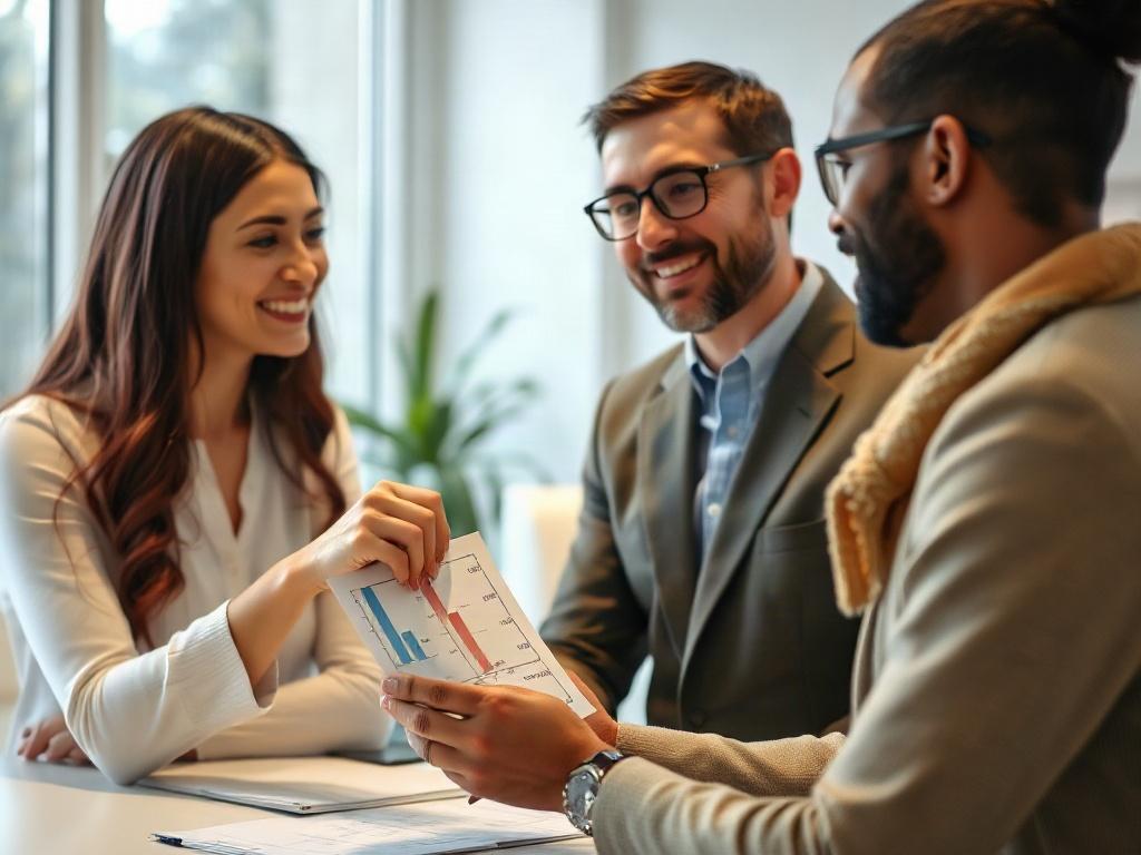 An image capturing a friendly consultant explaining a process to a client using a visual aid, such as a chart or diagram. The setting is a bright, welcoming office with soft lighting. The focus is on the interaction between the consultant and the client, showcasing clarity and understanding.