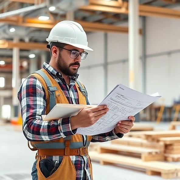 Professional construction worker contractor reviewing blueprints and material specifications