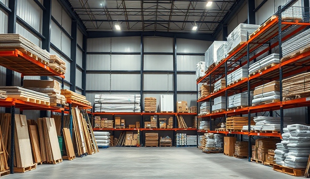Modern construction materials supply warehouse with organized shelving and quality materials