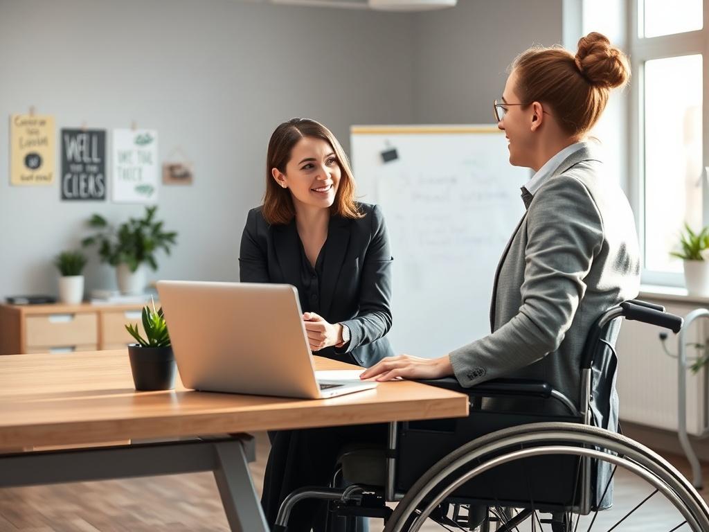 Create a highly detailed, realistic high-resolution photo that represents the blog titled "How Employers Can Support Soft Skill Development for Employees with Disabilities." The composition should feature a single subject: a professional-looking, confident employee with a visible disability sitting at a well-organized desk in a modern office environment. The employee, a woman in her early 30s using a wheelchair, is engaged in a focused discussion with a supportive manager, who is standing beside her, attent
