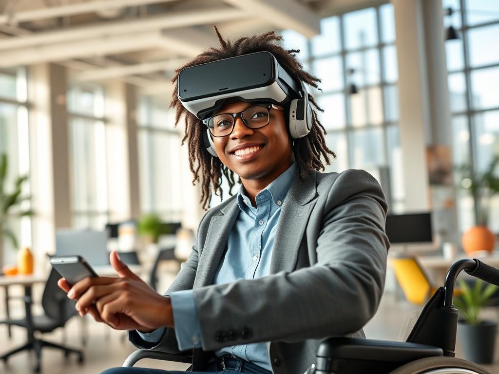 Create a realistic high-resolution photo focusing on a young professional with disabilities engaged in a modern workspace environment, reflecting inclusive workforce development for the year 2026. The subject should be positioned centrally, portraying them confidently interacting with advanced technology, such as a touchscreen interface or a virtual reality headset. 

The individual should be of diverse ethnicity, showcasing a positive expression that represents empowerment and determination. They should be