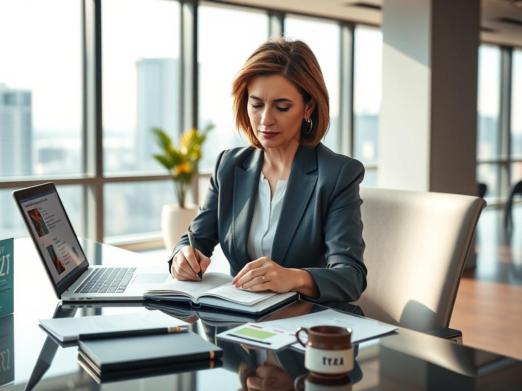 Create a realistic high-resolution photo of a focused business leader seated at a sleek, modern desk in an office environment. The subject is a middle-aged woman with an expression of determination and thoughtfulness, visibly engaged in writing notes in a notebook. She is dressed in professional attire, reflecting a confident leadership presence. 

The background features a well-decorated office space with a large window allowing natural light to flood in, showcasing a serene view of the cityscape. The desk